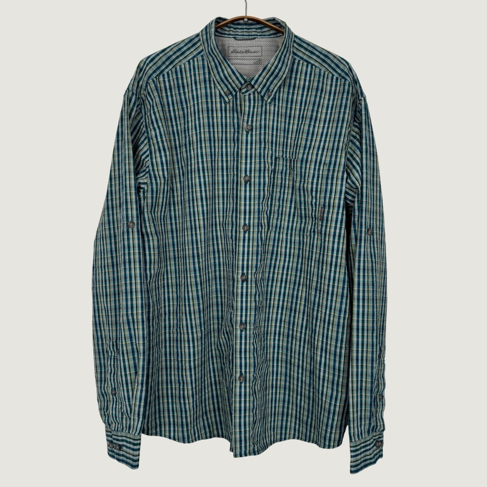 Eddie Bauer Mens XL Teal Plaid Long Sleeve Roll Tab Hiking Shirt Seersucker